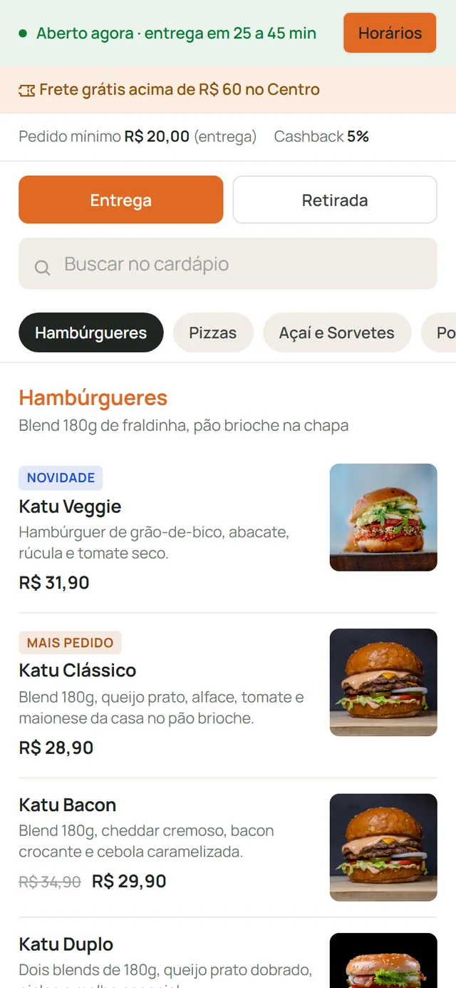 Cardápio e delivery no celular, tela real do KatuFood