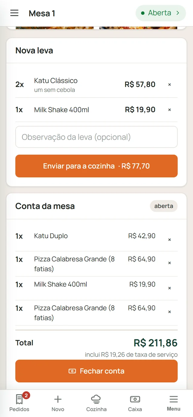 Comanda do garçom no celular, tela real do KatuFood