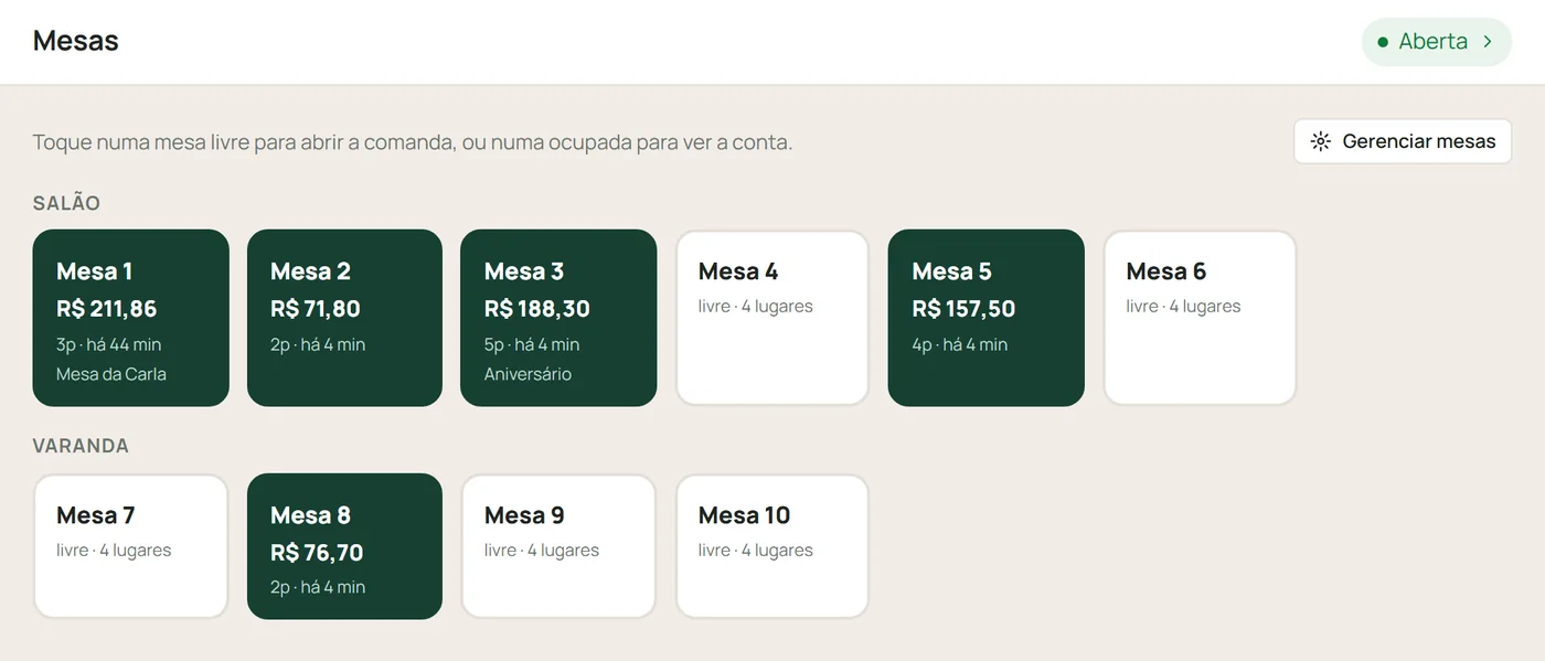 Mapa de mesas, tela real do KatuFood